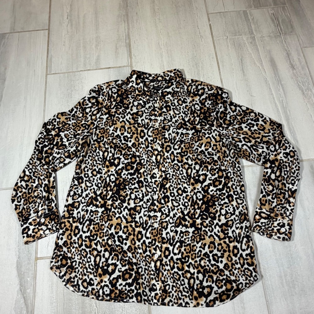 Talbots Leopard Print Button Down Shirt Womens L Cotton Animal Print Blouse Long